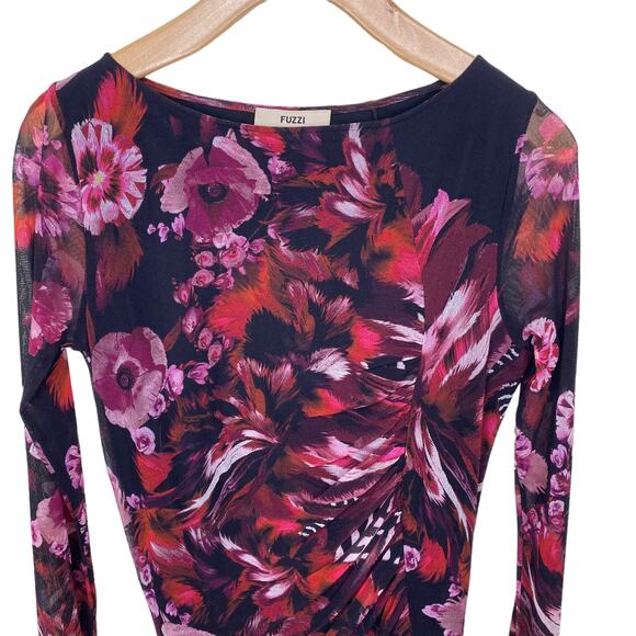FUZZI  Floral Bodycon Tulle Midi Dress Long Sleeve Crewneck Size Medium - Picture 5 of 7